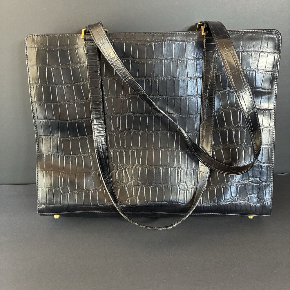 Vintage Alexandra Da Vinci Leather Croc Embossed Shoulder Bag Tote Purse Black
